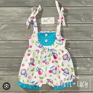 Pete and Lucy White and Blue happy Owl Print Kids Romper